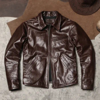 1930 Lapel Slim-fit Leather Leather Coat Batik Smooth Goatskin Coat Washed Retro Old Leather Jacket