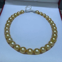 12-15mm High-End Nanyang Gold pearl Natural Seawater Full-Bead Chain Perfect Circle Necklace