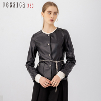 JESSICA RED - 高雅帥氣修身羊皮圓領短版皮衣外套824Z03