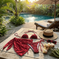 Berenang Halter Set Bikini Brazil yang Skirt Penutup Nylon Bikini renda Jaring Merah Pakaian renang
