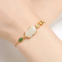 Classic design exquisite natural Hetian white jade Pixiu charm bracelet for women ethnic style chain bangles Simple jewelry