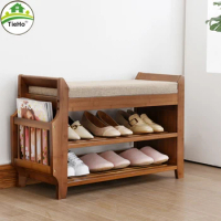 TieHo Bamboo Hallway Bench with 2-Tier Shoe Storage Organizer Cushion Seat Shoe Cupboard Shoe Cabinet Hallway Furniture