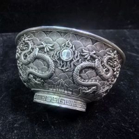玩銅器收藏復古做舊浮雕九龍碗雙龍戲珠碗擺件乾隆年制紋龍銅碗