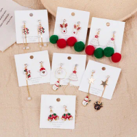 Santa Claus Crutches Asymmetrical Earrings Female Christmas Deer Snowball Zircon Pearl Tassel Earrings New Year Party Jewelry