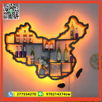網紅酒吧紅酒櫃墻上壁掛書架鐵藝發光中國地圖展示酒架置物書架櫃