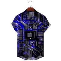 Electronic Chip 3D Printed Shirts For Men Clothes Vintage Motherboard Blouses Engineer Short Sleeve Button Personality Male Tops
