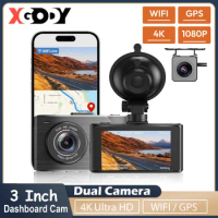 XGODY 4K Dash Cam Monitor 3" Night Vision Driver Recorder Built-in GPS WiFi Car DVR Front and Rear Camera 24H Parking Monitor