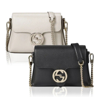 【GUCCI 古馳】607720 經典雙G LOGO荔枝紋牛皮淡金鍊迷你肩背/斜背郵差包(顏色任選)