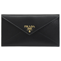 PRADA VITELLO MOVE 金字浮雕LOGO水波紋皮革信封型長夾(黑色)