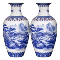 Jingdezhen Ceramics Blue And White Landscape Pattern Vase Ornaments Chinese Living Room Wine Cabinet Antique Eggshell Vase