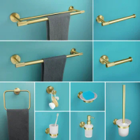 Brushed Gold Bathroom Hardware Set Towel Bar Paper Holder Bathrobe Hook Cup Holder Soap Dish Toilet Brush Hardware Accessories