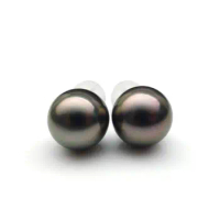 Free Shipping AAA 9-10mm Round Black Cultured Tahitian Pearl Ear Stud Earrings 18k White Gold