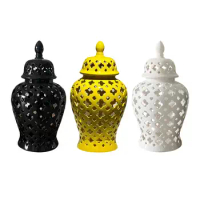 Ginger Jar Vase Ancient Chinese Style Carved Lattice 19" Ceramic Flower Vase