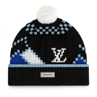 【Louis Vuitton 路易威登】M77990 山羊絨縫製LV SNOW系列幾何風美學羅紋翻邊毛帽(黑色)