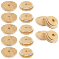 16 Pcs Bamboo Jar Lids With Straw Hole Reusable Bamboo Jar Lids Leakproof Bamboo Lids For Beer Can Glass Beer Can Lids