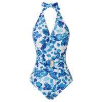 GRACE KARIN Women's Halter Swimwear V Neck Stripe One-Piece Swimsuit With Belt Monokini Backless One-Piece Bathing Suit A30
