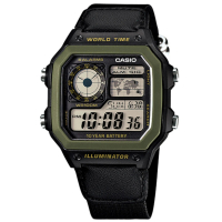 【CASIO 卡西歐】軍事風格 世界時間 防水100米 電子液晶 帆布手錶 軍綠色x黑 40mm(AE-1200WHB-1B)