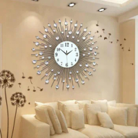 3D Large Metal Sunburst Wall Clock Luxury Battery Operated Home Decor Modern Round Diamond Large Luxury Art Wall Watch 60x60cm