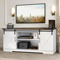 Farmhouse Entertainment Center TV Media Console Cabinet, Barn Door TV Stand with Storage and Shelves