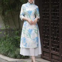 Autumn Vietnam Aodai Chinese Women Floral Printed Satin Cheongsam Vintage Mandarin Collar Qipao Elegant Daily Dress