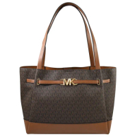 【Michael Kors】經典MK LOGO印花拼接金屬釦肩背包托特包(深咖 大款)