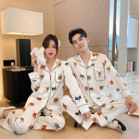 New pajamas couple cartoon bear cute pajama pants suit student fashion loose home clothes nightcloth sleepwear for women men