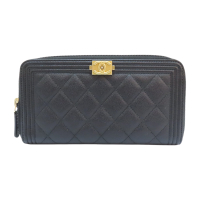 【二手名牌BRAND OFF】CHANEL 香奈兒 黑色 牛皮 菱格紋 荔枝紋 BOY CHANEL 拉鍊長夾