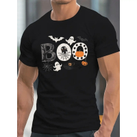 Men's Halloween cotton T-Shirt - Spooky BOO Print With Bats, Pumpkins - Lightweight Shirt For Costum