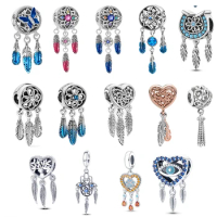 100% Real 925 Sterling Silver Feather Dreamcatcher Tassel Charms Beads Fit Original Pandora Bracelet Bangle Fashion DIY Jewelry