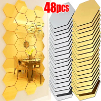 48/6PCS 3D Hexagon Acrylic Mirror Wall Sticker Home Decor DIY Removable Hexagonal Decorative Mirror Decal Art Ornaments For Home