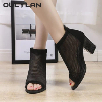 Women Mesh Thick Heel Sexy Leopard Black Large Sandals New Fashion Summer Hollow Sexy Boots Fish Mouth Dance Shoes NEW