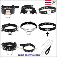 [เก็บเงินปลายทาง] Black Punk Gothic Rock Metal Hip-Hop Leather Choker necklace Ready to Ship from Th