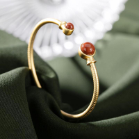 螺旋蛇紋原創紅瑪瑙個性時尚高檔鎏金女士開口手鐲14K金手環手飾