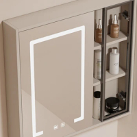 Simple Cream Style Waterproof Solid Wood Smart Bathroom Mirror Cabinet