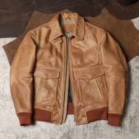 Turmeric Retro A2 Flight Suit Leather Jacket Wax Uncoated Top Layer Cowhide Leather Jacket Men's Lapel Leather Jacket