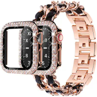 Case+strap for Apple watch band 40mm 41mm 38mm 44mm 45mm 42 Metal Watchband Cuban Link Bracelet iWatch serie 3 6 se 7 8 9 strap