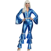 Halloween Carnival Party 60's 70's Disco Diva Jumpsuit Costume Beer Bar Singer performance Patent leather Blue Fancy Dress