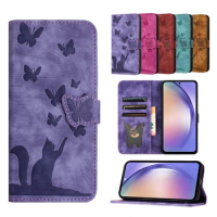 Cute Cat Butterfly Phone Flip Cover Case on for Funda Samsung Galaxy A21S A51 A71 A32 A52S A12 A42 A22 A02S Cases Leather Wallet