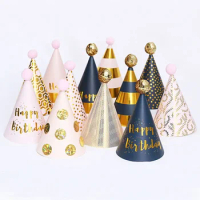Happy Birthday Hats Polka Dot Felt Pompoms Paper Cone Caps Baby Shower Adult Children Birthday Party Decoration Supplies