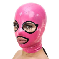 Transparent Pink with Black Latex Hood with Open Big Eyes Back Zip Latex Mask Rubber Hood for Party Wear Cosplay Costumes
