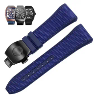 PCAVO 28mm Nylon Genuine Leather Silicone Watch band Black Blue Folding Buckle Watch Strap For Franck Muller V45 Series