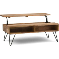 SOLID MANGO WOOD and Metal 48Inch Wide Rectangle Industrial Lift Top Coffee Table in Natural,For the Living Room and Family Room