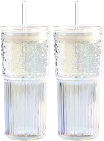 20 OZ Iced Coffee Cup With Glass Lids and StrawsHigh Borosilicate Glass Tumbler Cup Reusable Wide Mo