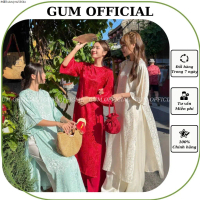 Giao hàng từ Hà Nội Áo dài cách tân Ngọc Bích (kèm quần) vải gấm họa tiết hoa chìm đính khuy ngọc Gu