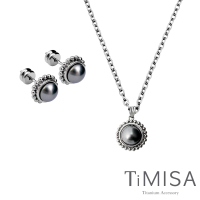 【TiMISA】珍心真意 純鈦耳環+項鍊套組(黑珍珠)