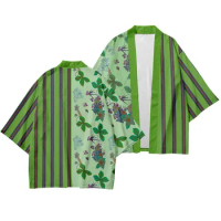 Green Striped Flower Printed Japanese Style Samurai Kimono Pants Suit Streetwear Men Women Cardigan Japan Harajuku Clothes