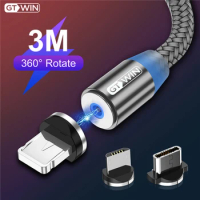 GTWIN 3M LED Magnetic USB Cable Micro Type C Cable Fast Charging Phone Charge Cord Wire For POCO iPhone 14 Huawei Xiaomi Samsung