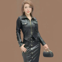 Áo da đen kéo khoá / Chân váy da đen xẻ sau