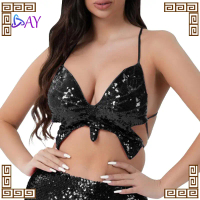 Atasan Belly Dance Tanktop Chifon Sequin Belly Dance Top Butterfly Sequins Halter Sexy Deep V-Neck