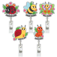 Retractable Acrylic Butterfly Bee Keychain Extendable Pull Badge Reel ID Name Tag Card Badge Holder Anti Lost Key Ring Clip